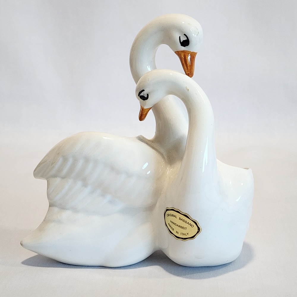 Original Bassano Italy SMALL 5" White Ceramic‎ Intertwined Double Swan Planter